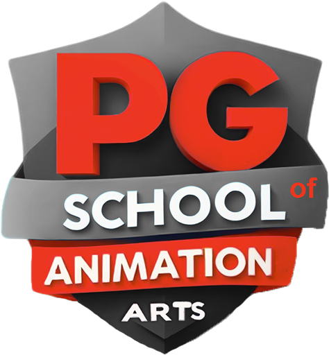 Official logo of PG School of Animation Arts featuring bold 'PG' letters above 'School of Animation Arts' text, all set within a modern shield design.