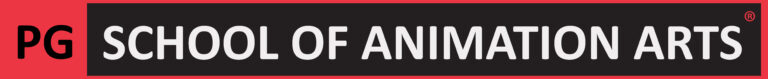 PG School of Animation Arts logo in white on a red background, indicating the brand's identity.